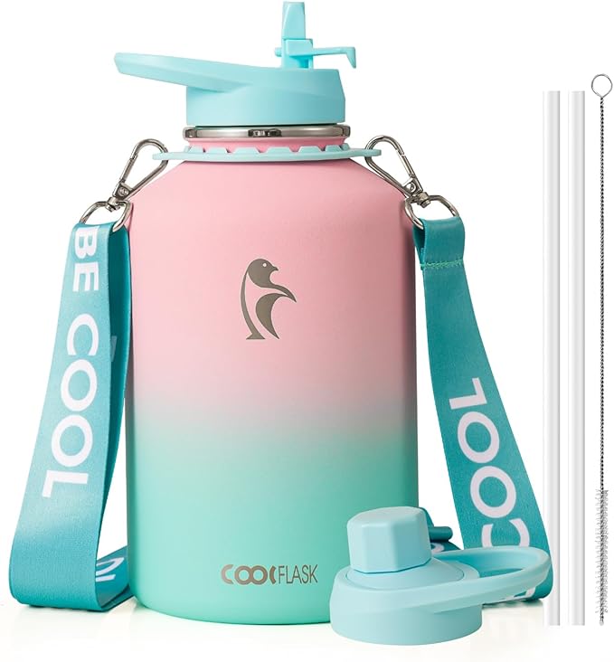 Coolflask Half Gallon Water Bottle with Strap, 64oz Insulated Water Jug Stainless Steel with Straw & Spout Lids, Metal Large Water Flask, Keep Cold 48h Hot 24h, Leak Proof, Non-BPA, Bubblegum Princess