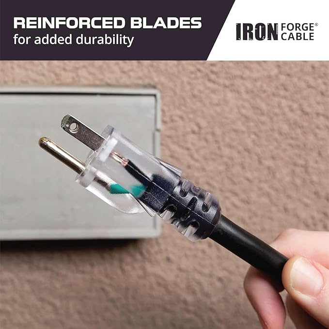 Iron Forge Cable 15 ft Lighted Outdoor Extension Cord - 10 Gauge Heavy Duty Extension Cord Black 15 Amp with 3 Prong Grounded Plug, Weatherproof Power Cable for Outside