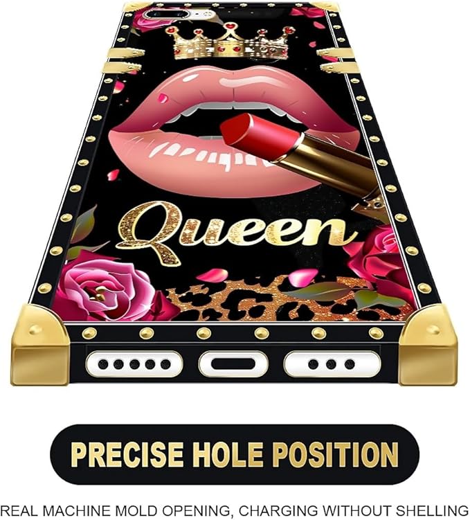 Compatible with iPhone 8 7 SE Case, Glitter Red Rose Queen Leopard Lipstick Luxury Golden Decoration for Girl Women Soft TPU Shockproof Protective Hard PC Back for iPhone 8 7 SE