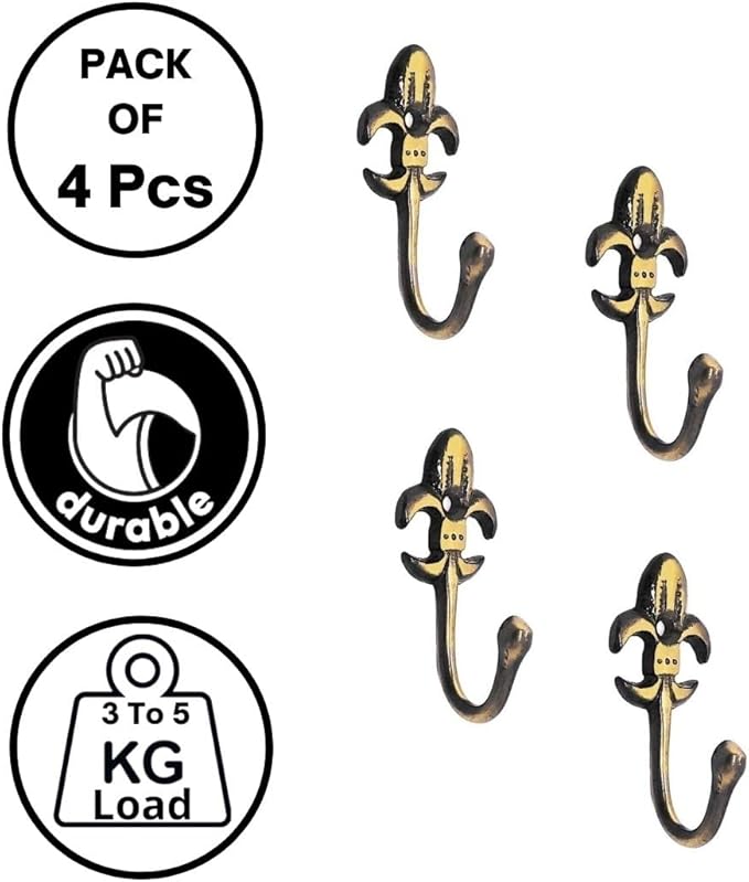 FAPBADRI Multipurpose Hooks, Used to Hang Clothes, Bags, Coats, Curtain Hold Backs, Keys, Colour - Antique Gold, Material - Brass, Royal Design, Screws and Wallplugs Included, Pack of 4 Pieces