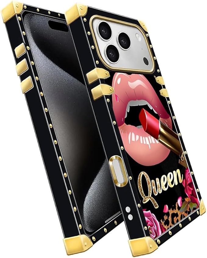 for iPhone 17 Pro Case Luxury Golden Decoration for Girl Women Soft TPU Shockproof Protective Hard PC Back for iPhone 17 Pro Crazy Pattern Glitter Red Rose Queen Leopard Lipstick