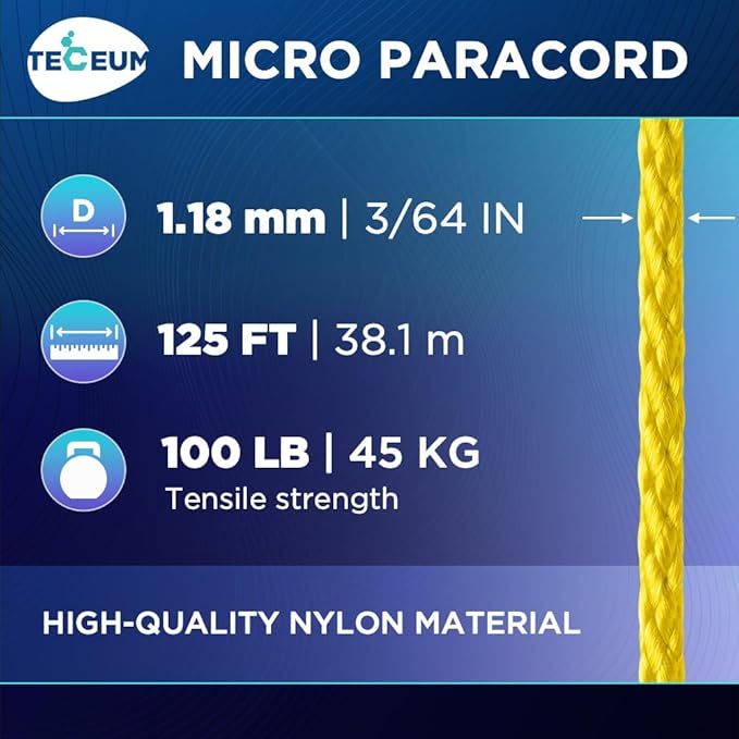 TECEUM Micro Paracord – 1.18 mm X 125 ft – Micro Utility Cord – Thin Braided Paracord Rope – Best for Crafting, DIY Projects, Fishing, Camping – Wind Chime Replacement – Survival Strong String