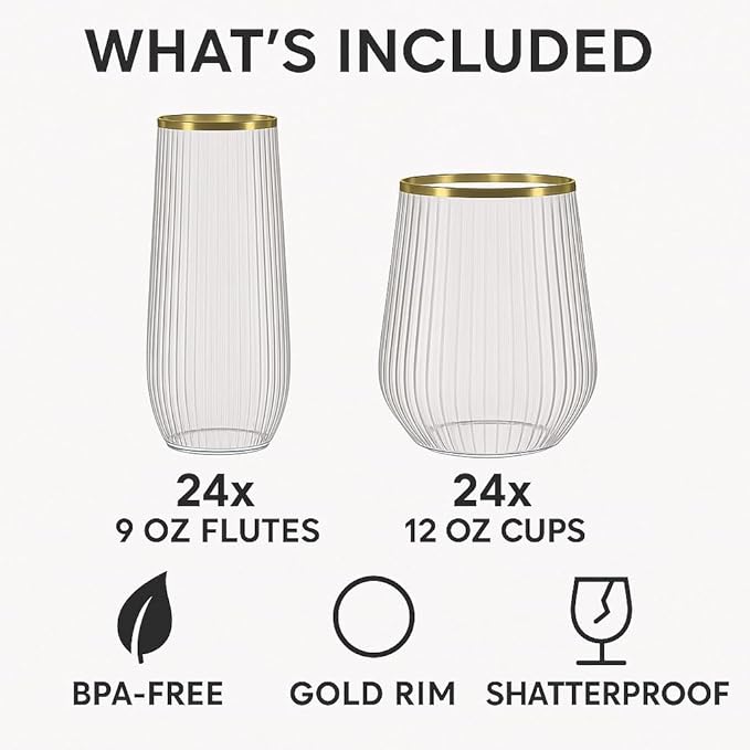 Oojami 48 Pack Ribbed Origami Ripple Plastic Glasses, 24 9 Ounce Stemless Champagne Flutes & 24 12 Ounce Cups, BPA-Free Disposable Shatterproof Toasting Glasses for Weddings Bars Events (Gold Rim)