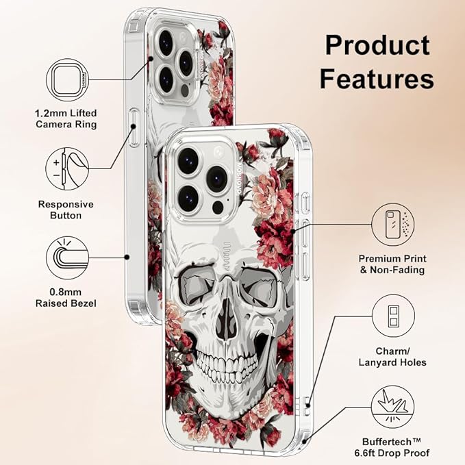 MOSNOVO Case for iPhone 15 Pro Max, [Buffertech 6.6ft Military-Grade Drop Protection] [Anti Peel Off Tech] Clear TPU Bumper Phone Case Cover Design - Red Flower Skull