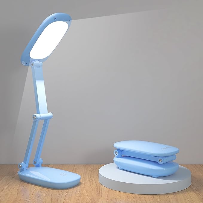 Akejrym LED Desk Lamp for Office & Home, Battery Operated, Foldable & Portable Light, 2-Fold Bracket, 3 Brightness Dimmable, Wireless Reading Lamp (Blue)