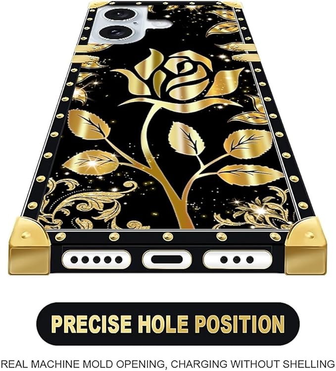 Compatible with iPhone 16 Plus Case, Shine Gold Rose Luxury Golden Decoration for Girl Women Soft TPU Shockproof Protective Hard PC Back for iPhone 16 Plus