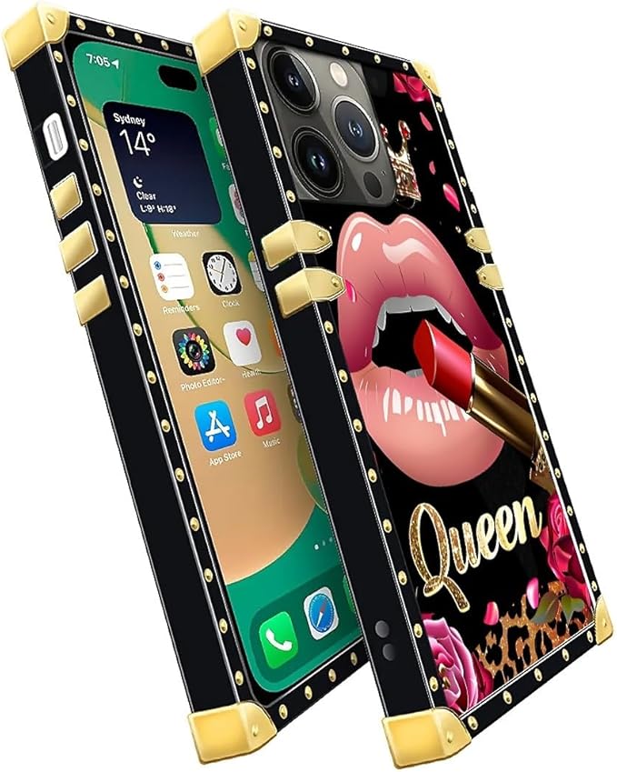 Compatible with iPhone 14 Pro Max Case, Glitter Red Rose Queen Leopard Lipstick Luxury Golden Decoration for Girl Women Soft TPU Shockproof Protective Hard PC Back