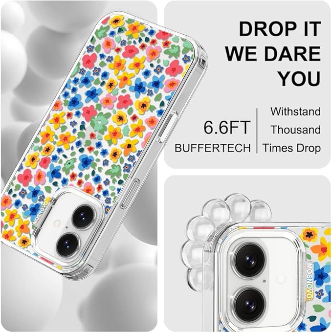 MOSNOVO for iPhone 17 Case | Military Grade 6.6ft Drop Tested | Camera Control | Clear with Little Flowers Design