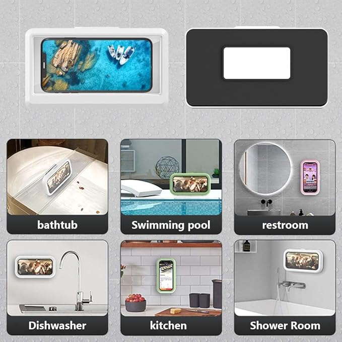 Shower Phone Holder Waterproof, 360° rotatable Adjustable rain Phone case，Waterproof and Anti-Fog Sensitive Touch Screen，Suitable for Bathroom Wall Mirror Bathtub Kitchen (White)