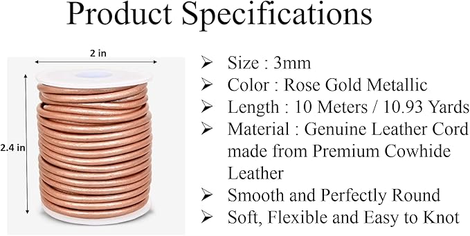 GENIQUE Real/Genuine Round Leather String Cord for Necklace, Bracelets, Jewelry, Kumihimo Braiding, DIY Projects (10 Metres) (3mm, Rose Gold Metallic)