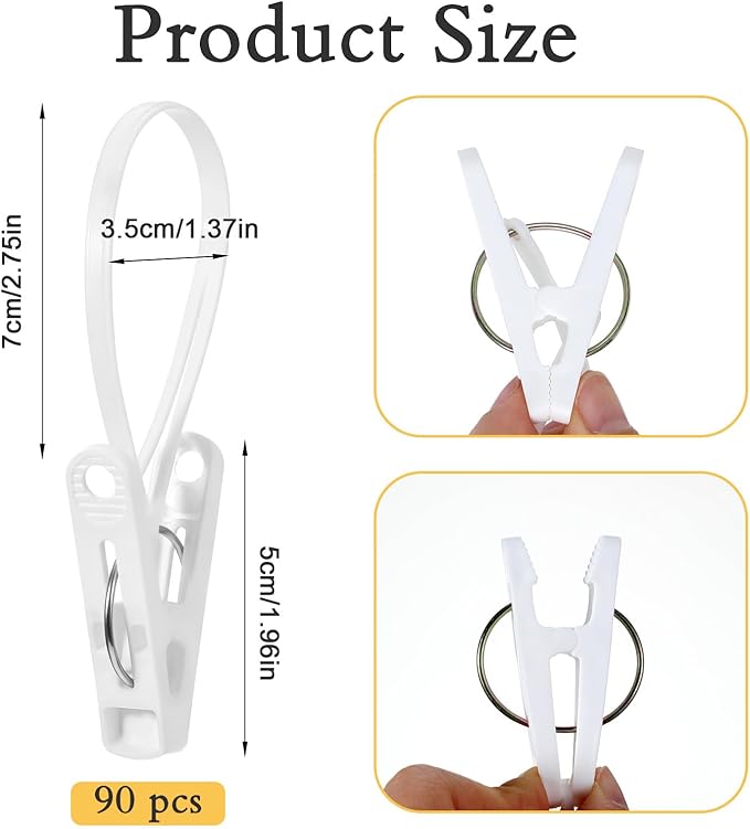 90 Pack Multi-Purpose Laundry Hooks Hanging Clips Bulk with Plastic Rope, White Clips for Hangers, Plastic Hanger Clip for Pants Hat Sock Boot Bra Towel Bathroom Wardrobe Kitchen (White)