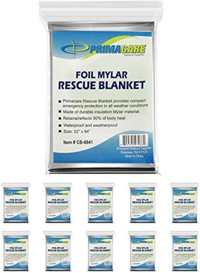 Primacare HB-10 Emergency Mylar Thermal Blankets – 10 Pack, 84" x 52", Silver – Reflective, Waterproof, Retains 90% Body Heat – for Survival, First Aid, Outdoors, Camping, EMS