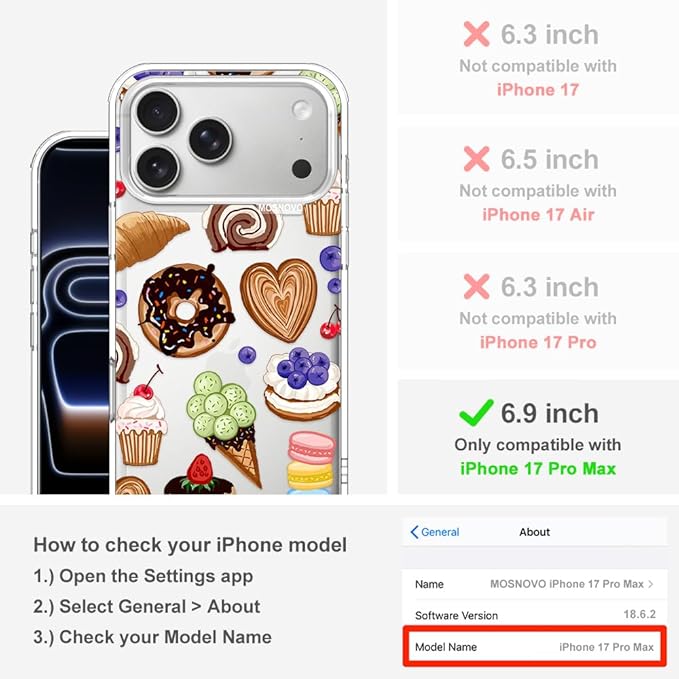 MOSNOVO for iPhone 17 Pro Max Case, Shockproof Military-Grade Protection 6.6ft Drop Tested, Camera Control, Clear Phone Case for iPhone 17 Pro Max, Sweet Treats Design