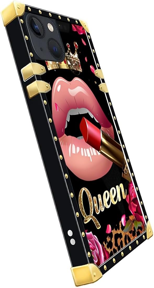 Compatible with iPhone 13 Case, Glitter Red Rose Queen Leopard Lipstick Luxury Golden Decoration for Girl Women Soft TPU Shockproof Protective Hard PC Back for iPhone 13
