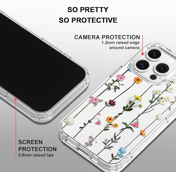 MOSNOVO Case for iPhone 14 Pro, [Buffertech 6.6ft Military-Grade Drop Protection] [Anti Peel Off Tech] Clear TPU Bumper Phone Case Cover Design - Wildflowers