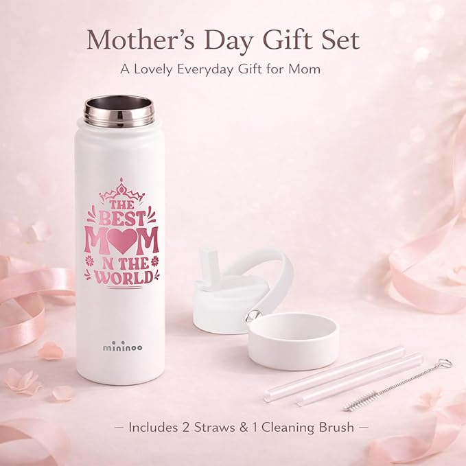 mininoo Mothers Day Gifts for Mom, 24 oz Insulated Stainless Steel Water Bottle with Straw Lid, Fits Cup Holders, Birthday Gifts for Mom