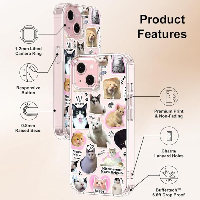 MOSNOVO Case for iPhone 15 Plus, [Buffertech 6.6ft Military-Grade Drop Protection] [Anti Peel Off Tech] Clear TPU Bumper Phone Case Cover Design - The Cat Brigade