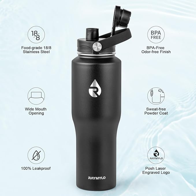 RAYMYLO 32 oz Insulated Water Bottle with Straw fit in Car Cup Holder, Triple Wall Vacuum Stainless Steel(Cold 48 hrs, Hot 24 hrs), Leakproof & Non-BPA, Hydro Travel Flask with Straw and Spout Lid
