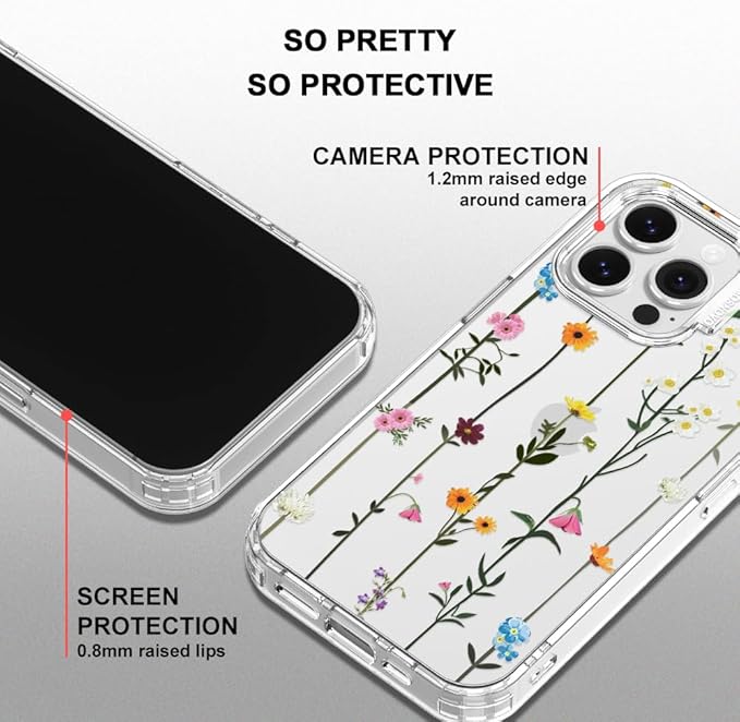 MOSNOVO Case for iPhone 16 Pro Max, [Buffertech 6.6ft Military-Grade Drop Protection] [Anti Peel Off Tech] Clear TPU Bumper Phone Case Cover Design - Wildflowers