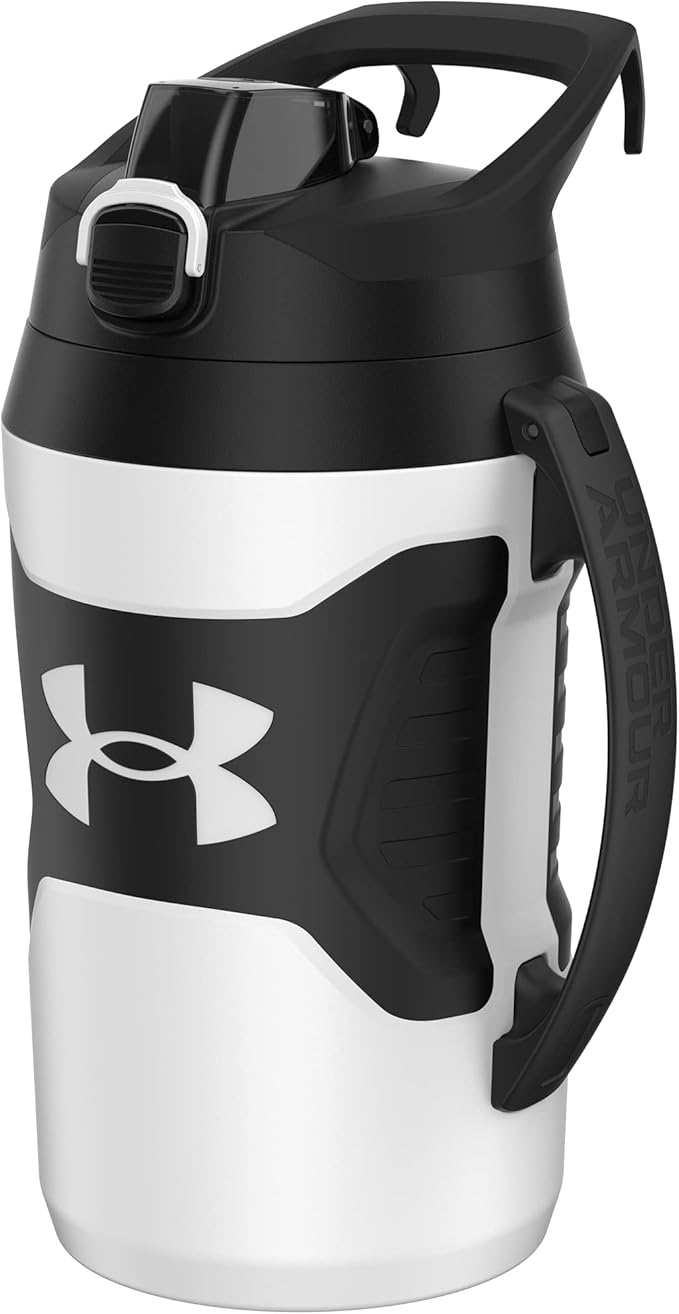 Under Armour Half Gallon Water Bottle Insulated, 64oz Insulated Water Bottle with Handle, Fence Hook, Leak Resistant, for Baseball, Football & More - White/Black