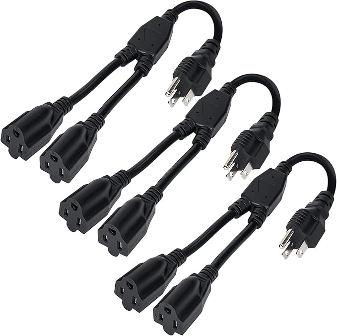 Elecan 3-Prong Y Splitter Power Extension Cord 1 FT/3 Pack, Straight Plug 1 to 2 Way Outlet Space Saver, Heavy Duty Weatherproof SJTW, 16AWG 13A, 5-15P Cable Extender for Indoor Outdoor-UL