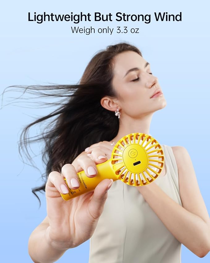 SWEETFULL Mini Portable Fan - Rechargeable Handheld Fan, 3 Speeds Personal Small Hand Gifts for Travel Essentials, Lash, Makeup, Eyelash, Kids, Girls, Women - USB, Cute Design Yellow