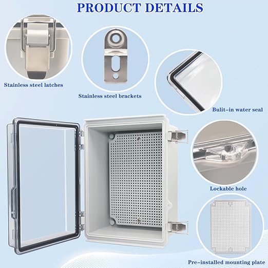 Outdoor Waterproof Electrical Box Junction Box Weatherproof IP67 ABS Plastic Enclosure Switch Router Project Box Electronics Enclosure with Mounting Plate Wall Bracket Clear 8.7"x6.7"x4.3"