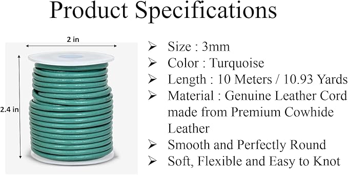 GENIQUE Real/Genuine Round Leather String Cord for Necklace, Bracelets, Jewelry, Kumihimo Braiding, DIY Projects (10 Metres) (3mm, Turquoise)