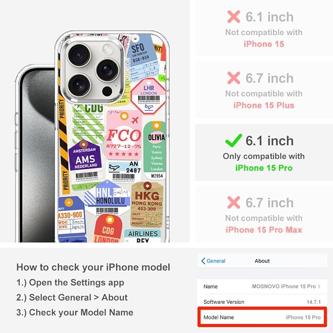 MOSNOVO Case for iPhone 15 Pro, [Buffertech 6.6ft Military-Grade Drop Protection] [Anti Peel Off Tech] Clear TPU Bumper Phone Case Cover Design - Air Ticket Labels
