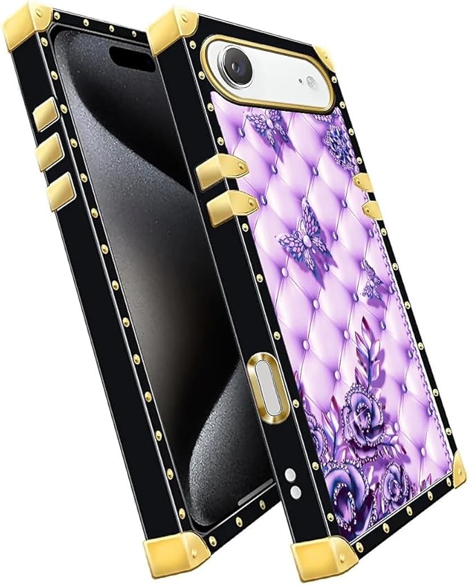 for iPhone 17 Air Case Luxury Golden Decoration for Girl Women Soft TPU Shockproof Protective Hard PC Back for iPhone 17 Air Crazy Pattern Purple Butterfly Flowers Leaf