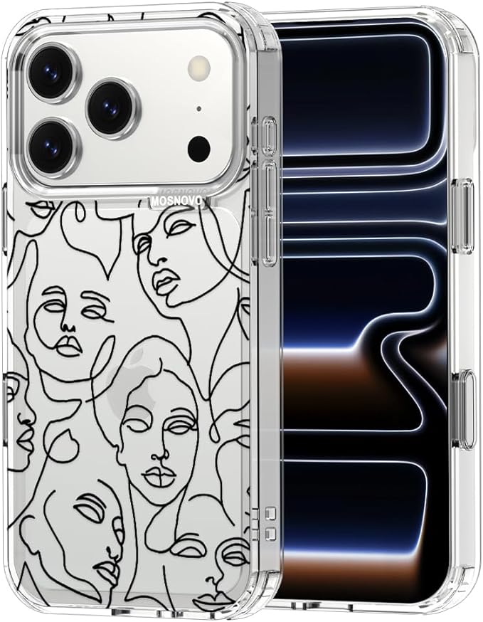 MOSNOVO for iPhone 17 Pro Case | Military Grade 6.6ft Drop Tested | Camera Control | Clear with Abstract Face Line Art Design