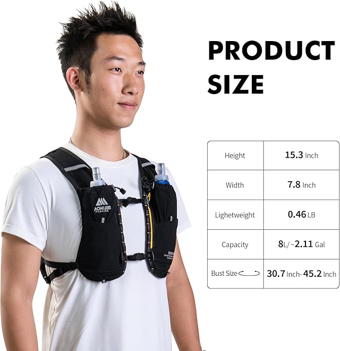 AONIJIE Running Hydration Vest for Men & Women, 8L Hydration Backpack, Multiple Pocket Designs for Water Bottles/Bladders, Lightweight Breathable for Hiking, Climbing, Marathon & Cycling