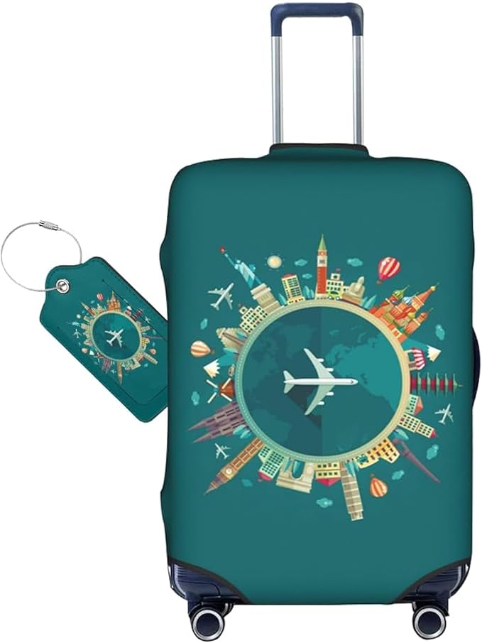 World Travel Luggage Covers and Luggage Tags Tsa Approved, Elastic Washable Fashionable Anti-Scratch Protector, Birthday Gifts for Men Women (XL 29-32 Inch Luggage)