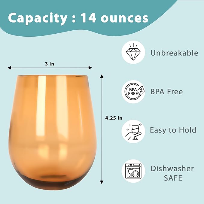 Lily's Home Unbreakable Poolside Acrylic Stemless Wine Glasses and Water Tumblers, Made of Shatterproof Plastic and Ideal for Indoor and Outdoor Use, Reusable. Mixed Colors. 14 Oz. - Set of 4