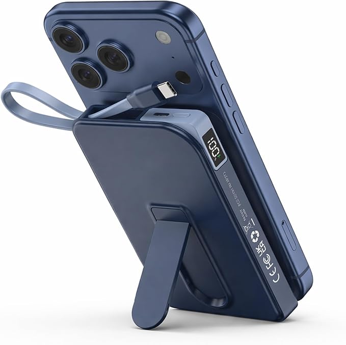 Magnetic Power Bank, for Magsafe Battery Pack with Stand, 10000mAh Wireless Portable Charger Fast Charging with Built in Cable(USB C), Powerbank for iPhone17/16/15/14/13/12 Travel & Daily, Blue