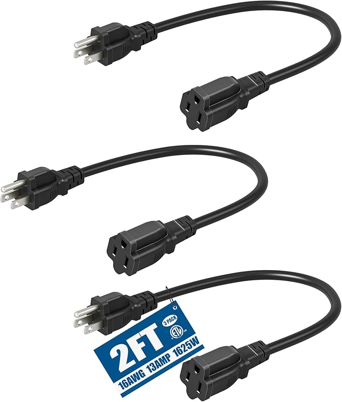 DEWENWILS 3-Pack 2FT Heavy Duty Extension Cord, 16 AWG SJTW Weatherproof Power Cable for Indoor, 3-Prong Grounded Plug for Holiday Decor/Home/Garden, ETL Listed, Black