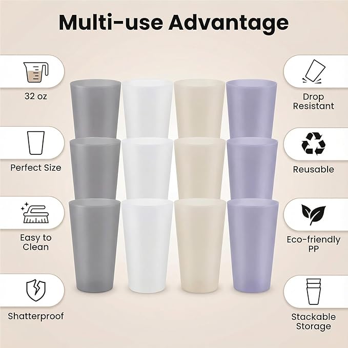 AOYITE Unbreakable Plastic Cups Reusable, 32 oz Plastic Tumblers set of 12, BPA Free Dishwasher Safe Large Drink Cup for Kids Kitchen Camping Party Outdoor (Grey Stone)