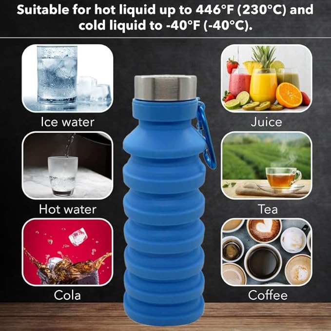 Gadgetime USA Collapsible Water Bottle (Blue) - Reusable, BPA Free, Silicone, Foldable Portable & Leak Proof - Water Bottles for Travel Gym Camping Hiking - Sports Water Bottle with Carabiner