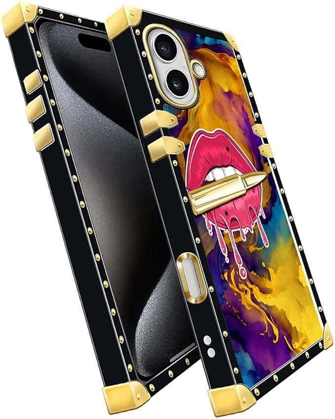 for iPhone 17 Case Luxury Golden Decoration for Girl Women Soft TPU Shockproof Protective Hard PC Back for iPhone 17 Crazy Pattern Cool Corlorful Lip Marble