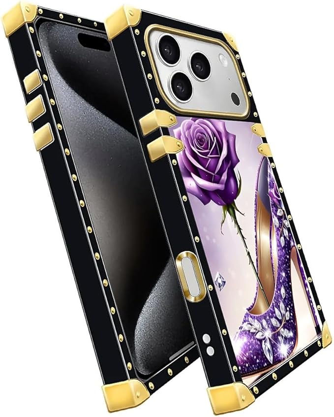 for iPhone 17 Pro Case Luxury Golden Decoration for Girl Women Soft TPU Shockproof Protective Hard PC Back for iPhone 17 Pro Crazy Pattern High Heeled Purple Diamond Rose