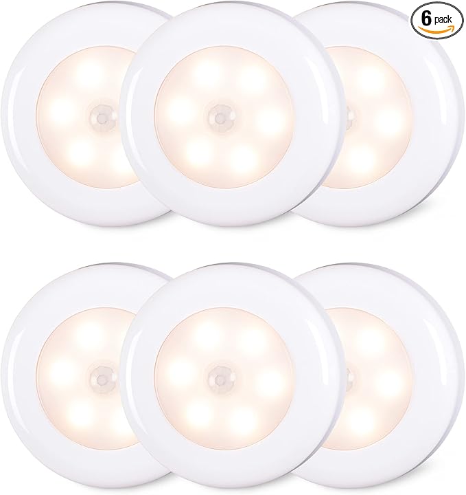 STAR-SPANGLED 6 Pack 2.8” Motion Sensor Lights Indoor AAA Battery Operated, Stick on LED Puck Light for Stairs, Under Cabinet, Closet, Warm White