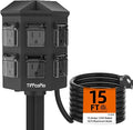 TiFFCOFiO Outdoor Power Strip with Stake Waterproof, 15 FT Extension Cord, 6 Grounded Outlets for Outdoor Lights, 14 AWG, 15A/1875W, ETL Listed