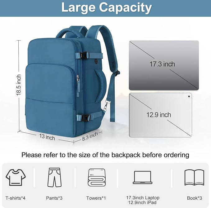 Sinaliy Travel Backpack, Carry on Flight Approved Backpack with Multi-Pockets, TSA Waterproof 17.3inch Laptop Backpack, Personal Item Travel Bag for Men Women, Deep Blue