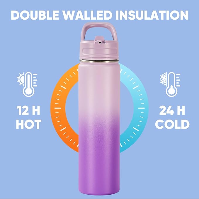 Fijinhom 24oz Insulated Stainless Steel Water Bottle with Straws, Double Wall Vacuum Insulated Bottles, Metal Thermo for Travel, Sports, Leak-Proof, BPA Free, Women & Men, Purple Gradient