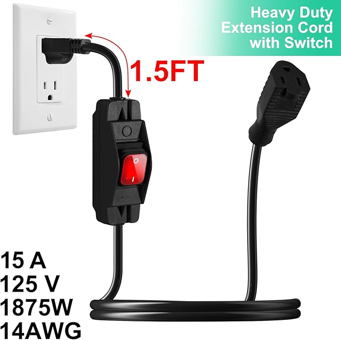 Outdoor Waterproof On/Off Switch Extension Cord, Heavy Duty 125v/250v Black SJTW Cord (3 Ft, Black)