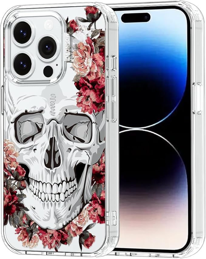 MOSNOVO Case for iPhone 14 Pro, [Buffertech 6.6ft Military-Grade Drop Protection] [Anti Peel Off Tech] Clear TPU Bumper Phone Case Cover Design - Red Flower Skull