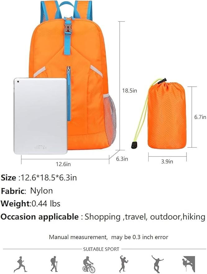 levayhill 25L Foldable Hiking Backpack Lightweight Packable Basic-Daypack Collapsible Bag Water-Resistant Travel Men Women Camping Cycling Outdoor (Orange)