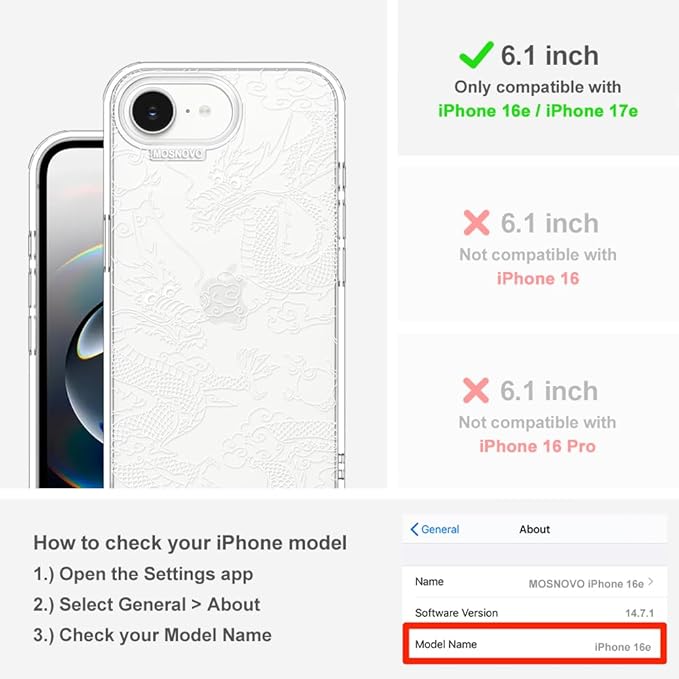 MOSNOVO for iPhone 17e Case/iPhone 16e Case, Shockproof Military-Grade Protection 6.6ft Drop Tested, Clear Phone Case for iPhone 16e / iPhone 17e, White Dragon Design