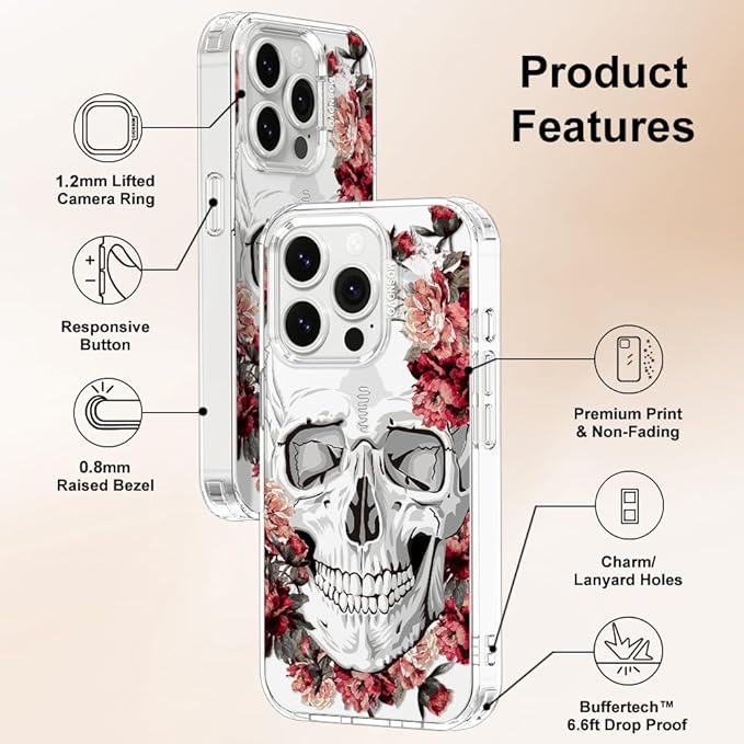 MOSNOVO Case for iPhone 14 Pro, [Buffertech 6.6ft Military-Grade Drop Protection] [Anti Peel Off Tech] Clear TPU Bumper Phone Case Cover Design - Red Flower Skull