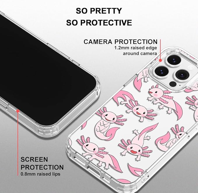 MOSNOVO Case for iPhone 13 Pro, [Buffertech 6.6ft Military-Grade Drop Protection] [Anti Peel Off Tech] Clear TPU Bumper Phone Case Cover Design - Pink Axolotl